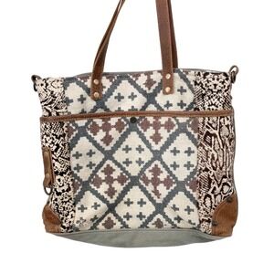 Myrha Large Tote‎ Festival Boho Y2K Upcycled Canvas Leather Brown White Summer